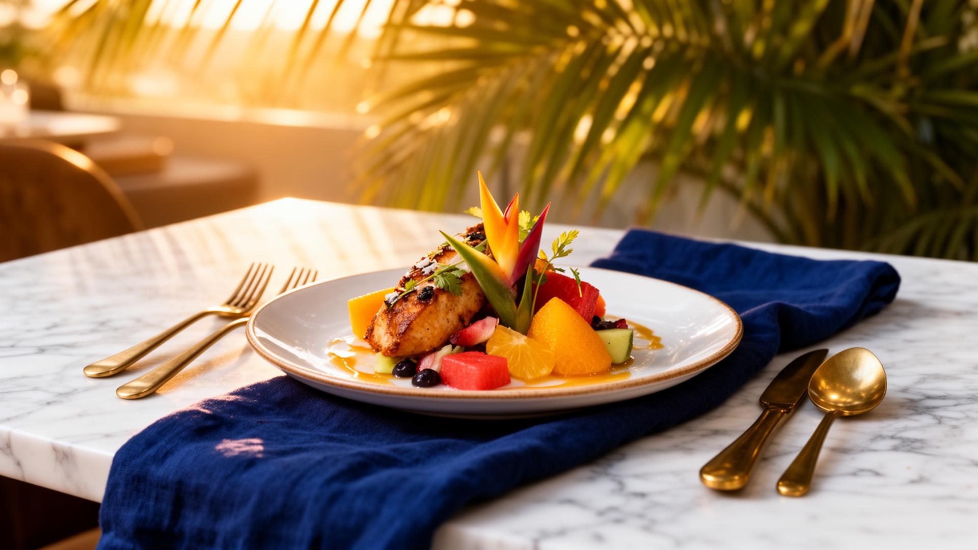 Plated Caribbean fine dining dish at Palms